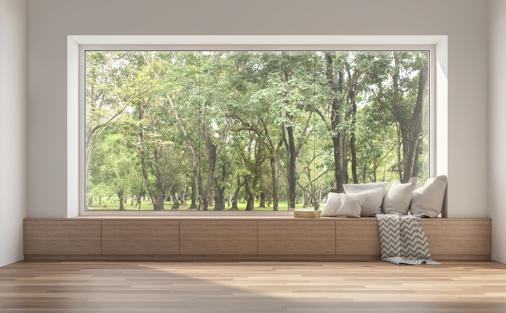 Side window seat 3d render.There are white room,wood seat,decorate with many pillow