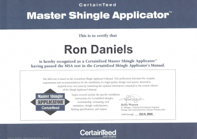 CertainTeed Certificate for Ron Daniels